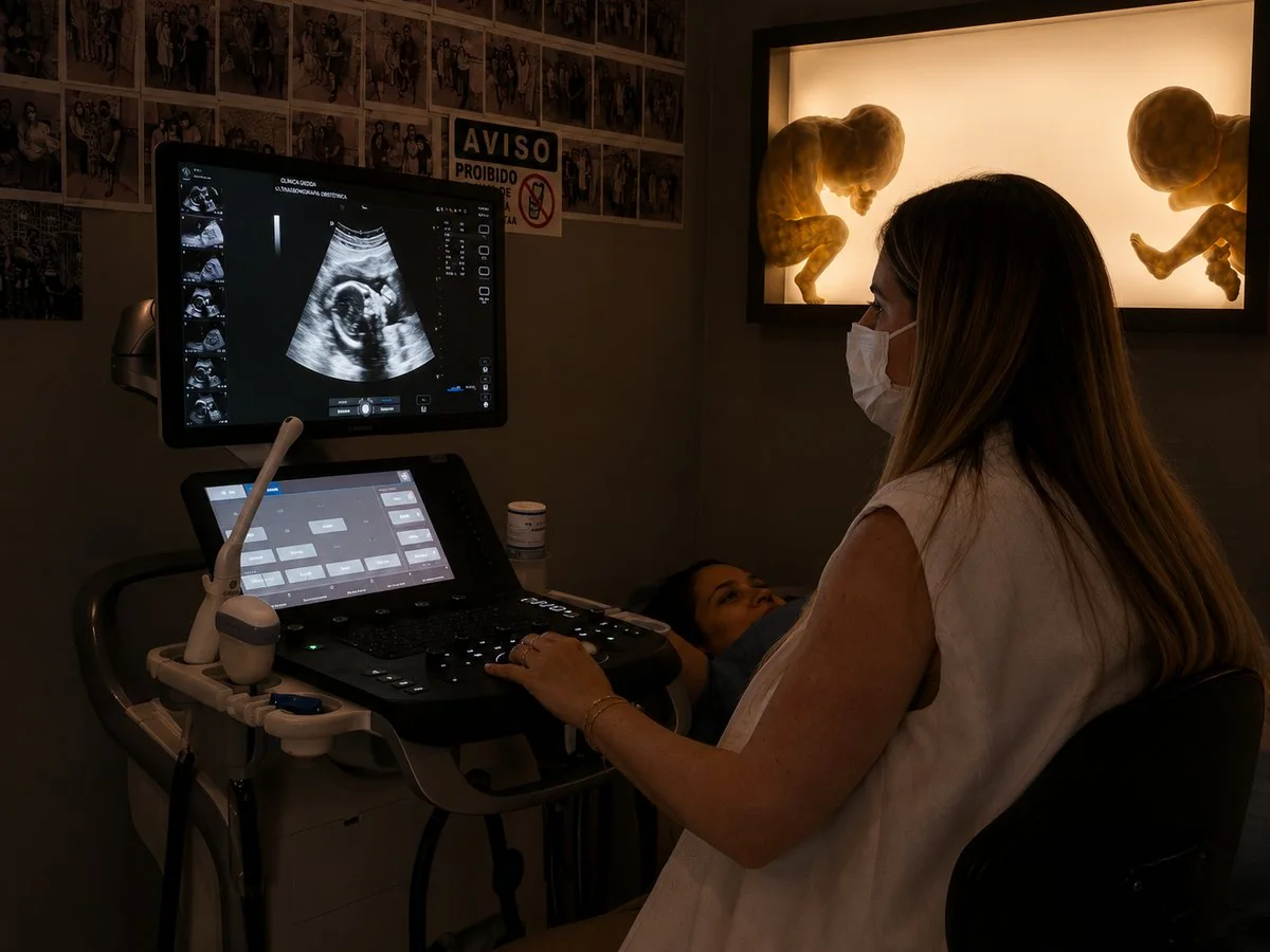 Dra. Ana Paula analisando exame de ultrassonografia obstétrica no monitor